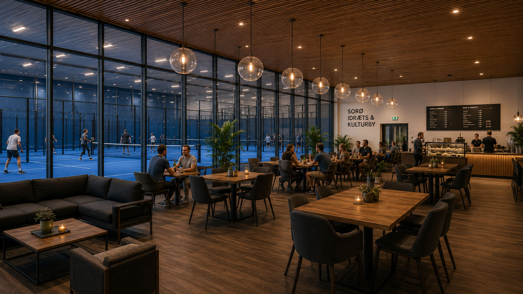 Visualisering af lounge og café med padelbaner bag glasvæg