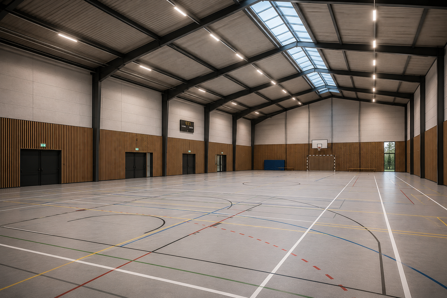 Visualisering af multihallens interiør med opstregede baner og ovenlys